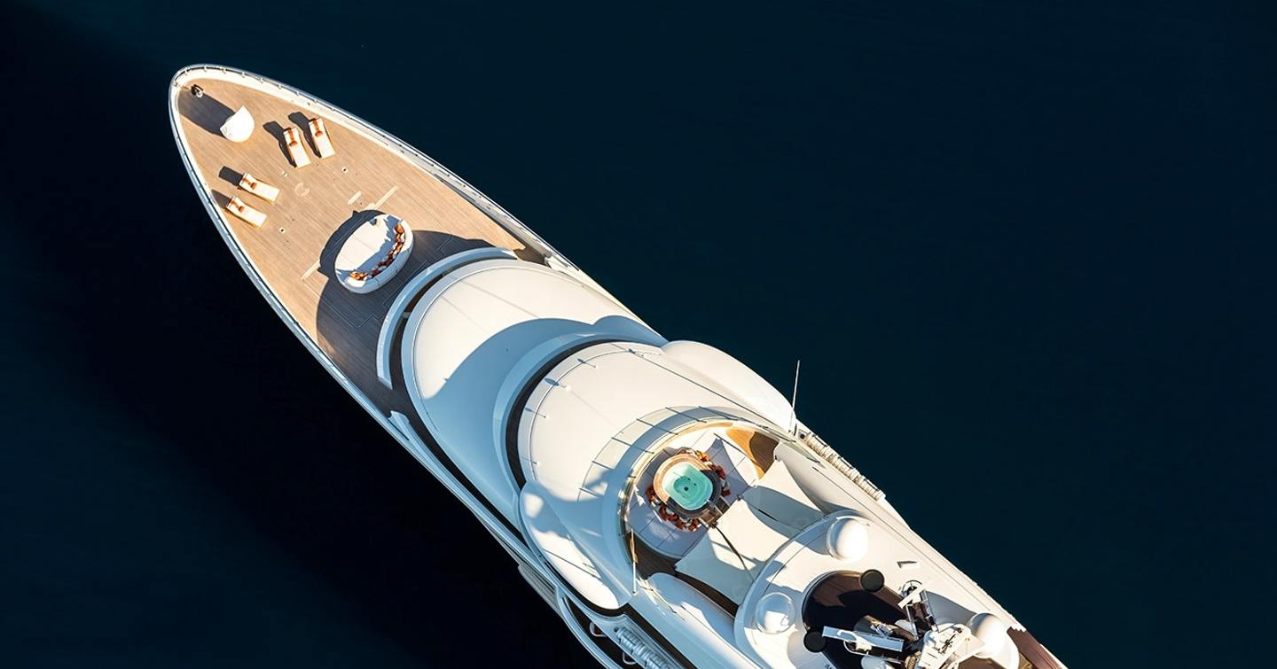 Aerial view of Superyacht Here Comes The Sun foredeck 