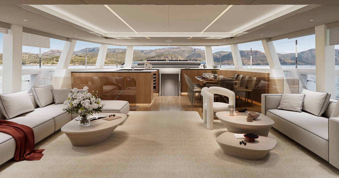 Sunreef Ultima 88 yacht saloon lounge and galley 