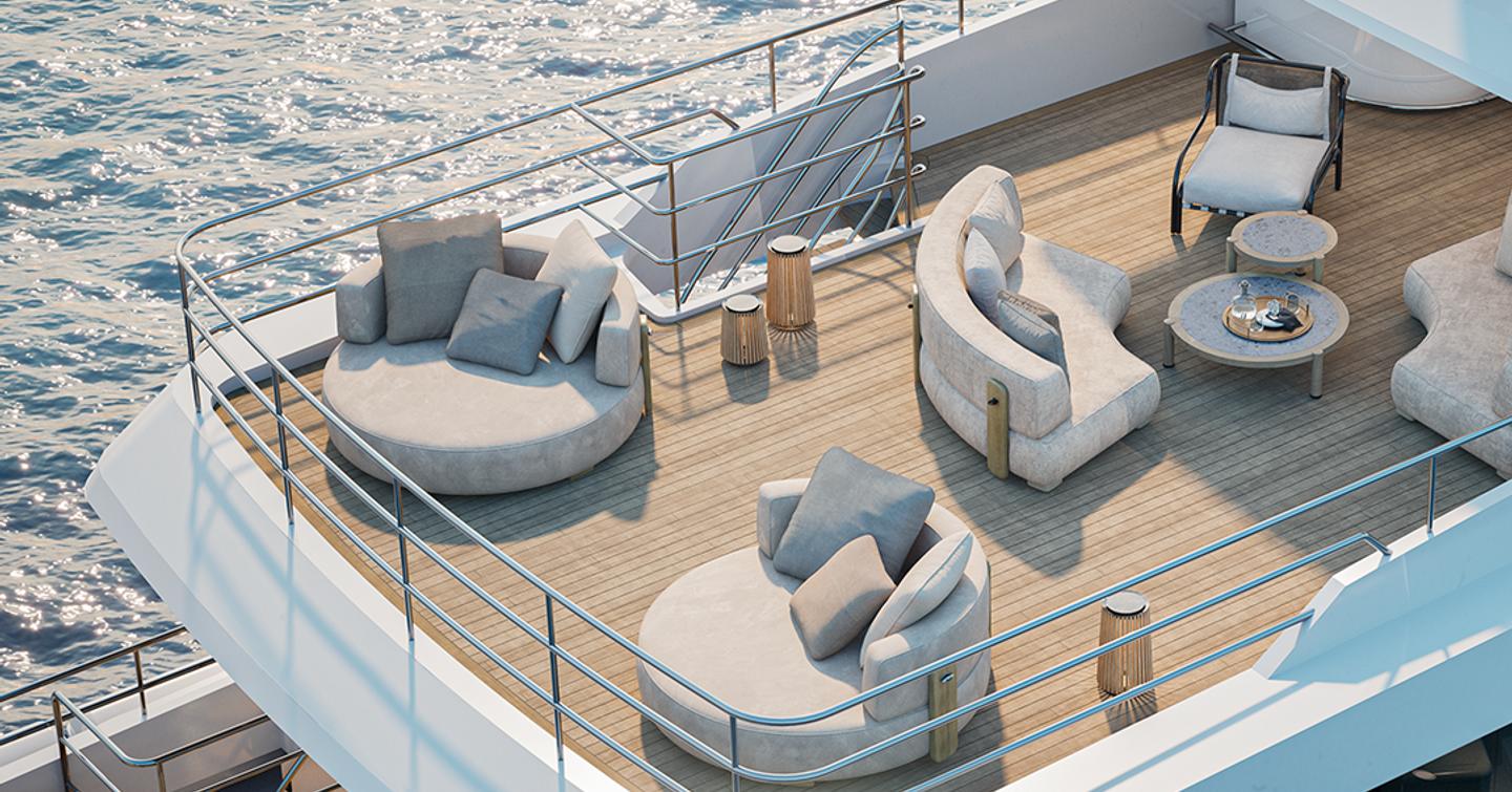 Rendering of Moonen 122 Martinique Hull 8's aft deck circular seating