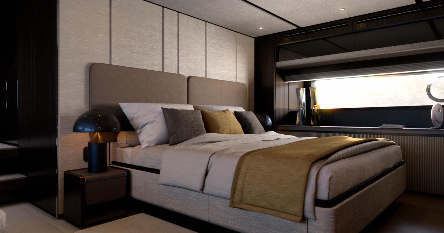 Rendering of the new Ferretti 940 main bedroom