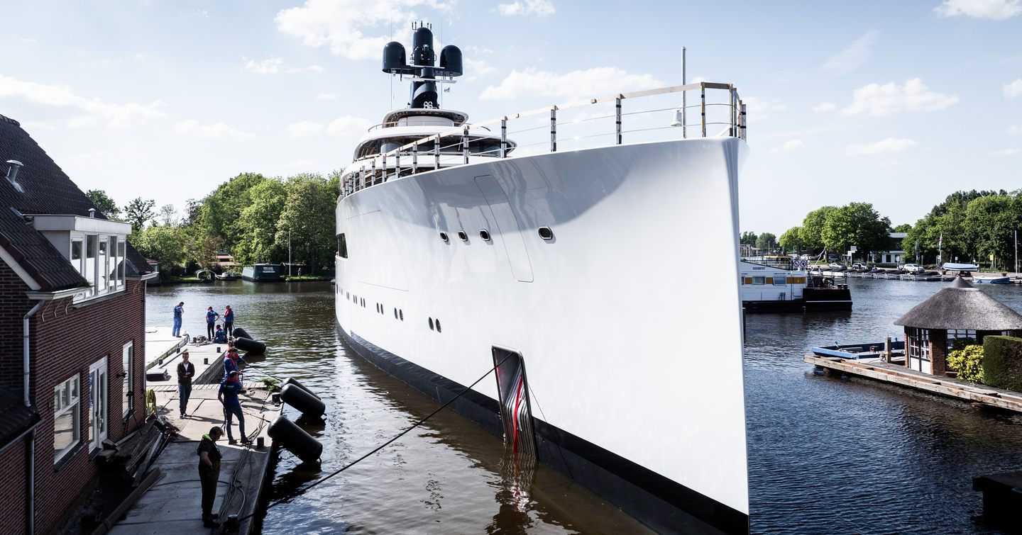 Close up of superyacht Feadship 824 bow at launch