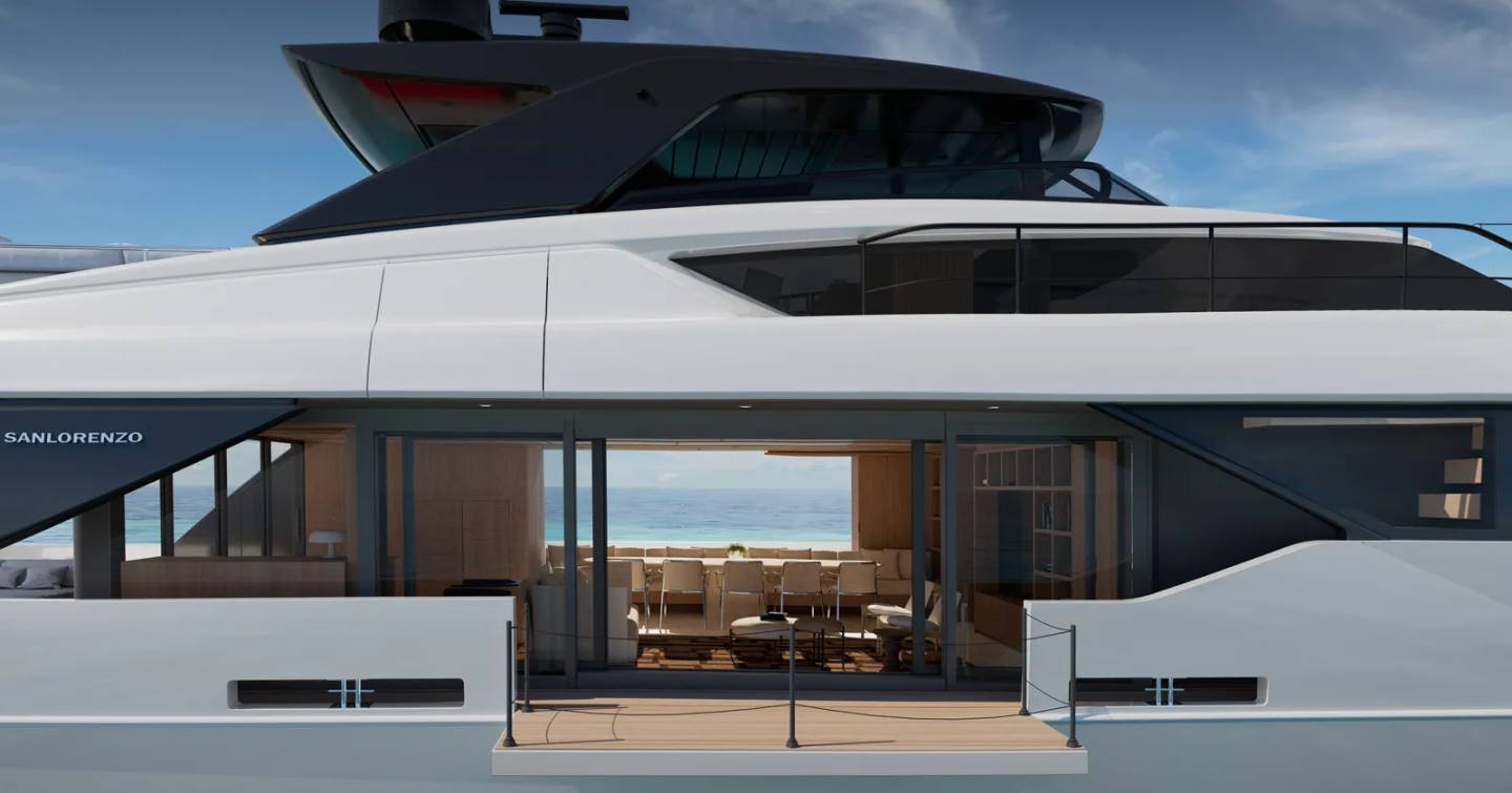 Rendering of Sanlorenzo SL110A motor yacht fold out balcony on main saloon
