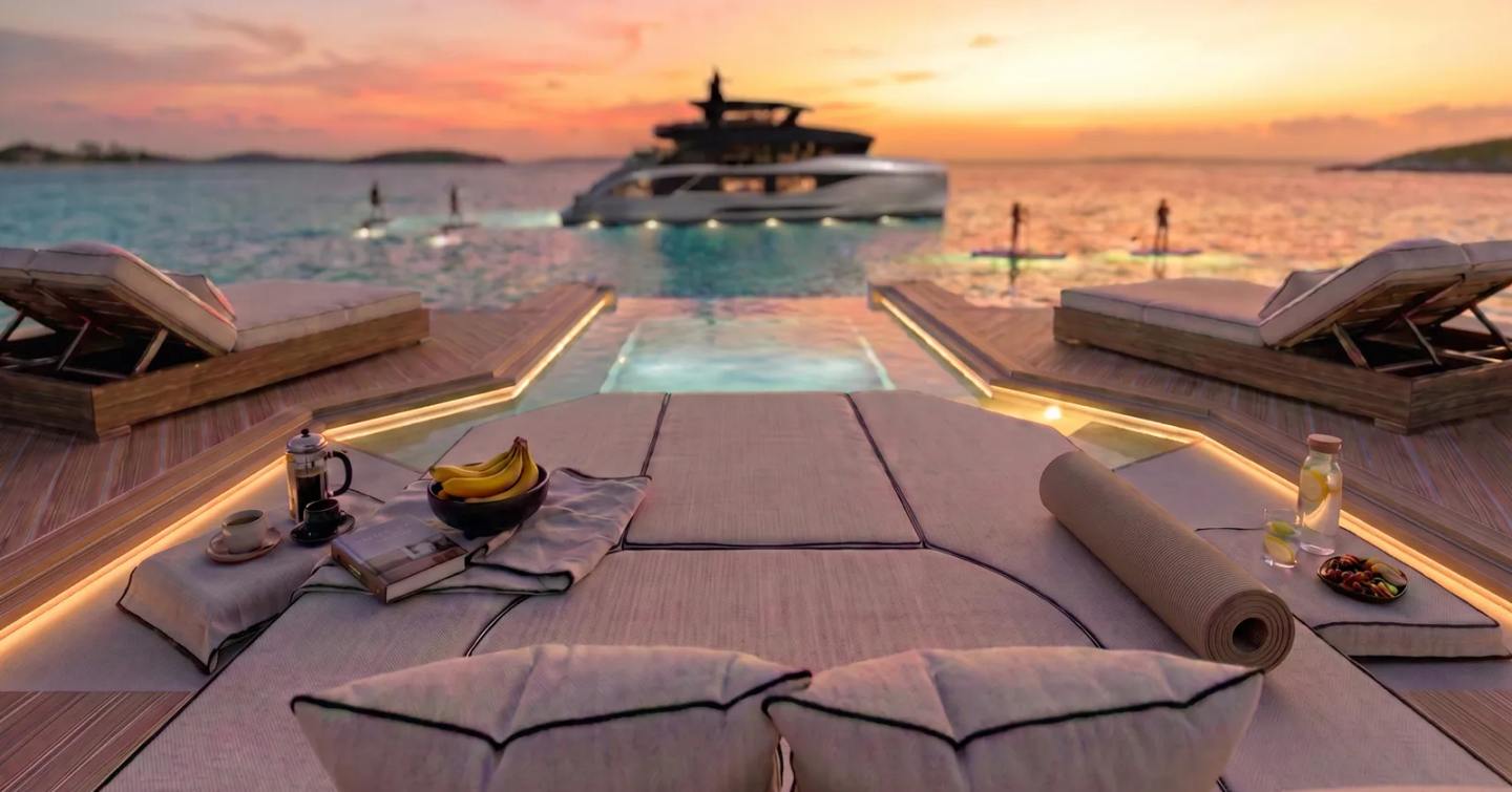 Crescent Custom Yachts First CCY110 superyacht beach club with sun pad 