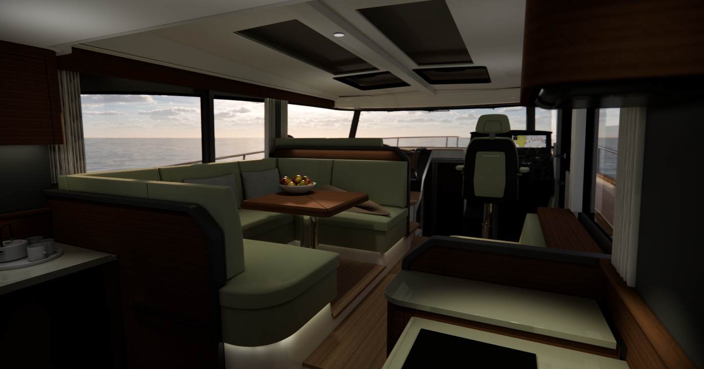 Rendering of Nimbus 495 Coupé Boat interior with green U-shaped seating and helm station