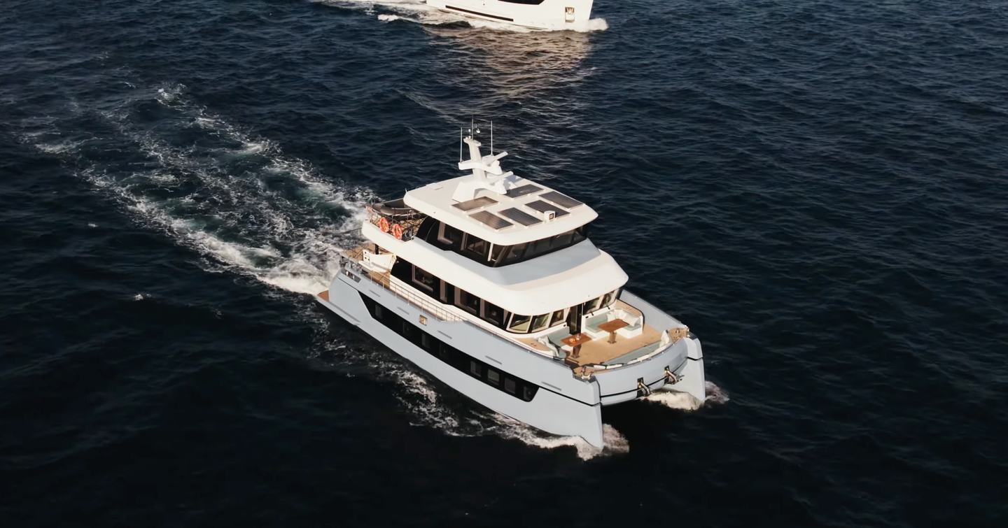 Aerial view of Bering BC60 Explorer Catamaran under way on sea trials