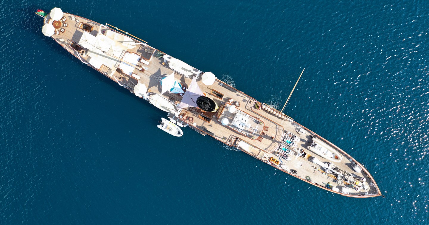 Aerial view of Superyacht Christina O at anchor 