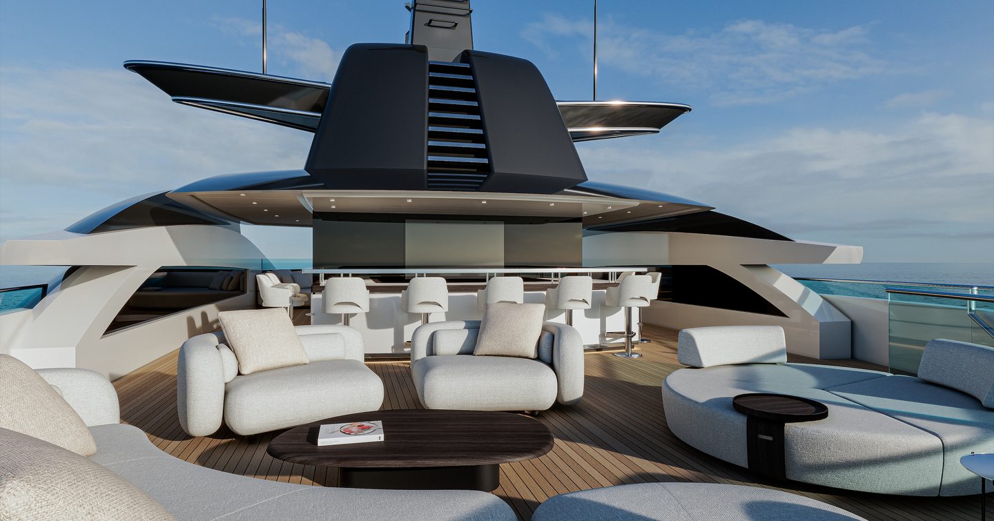 Rendering of ISA Amarcord 82 superyacht upper deck with white circular plush seating