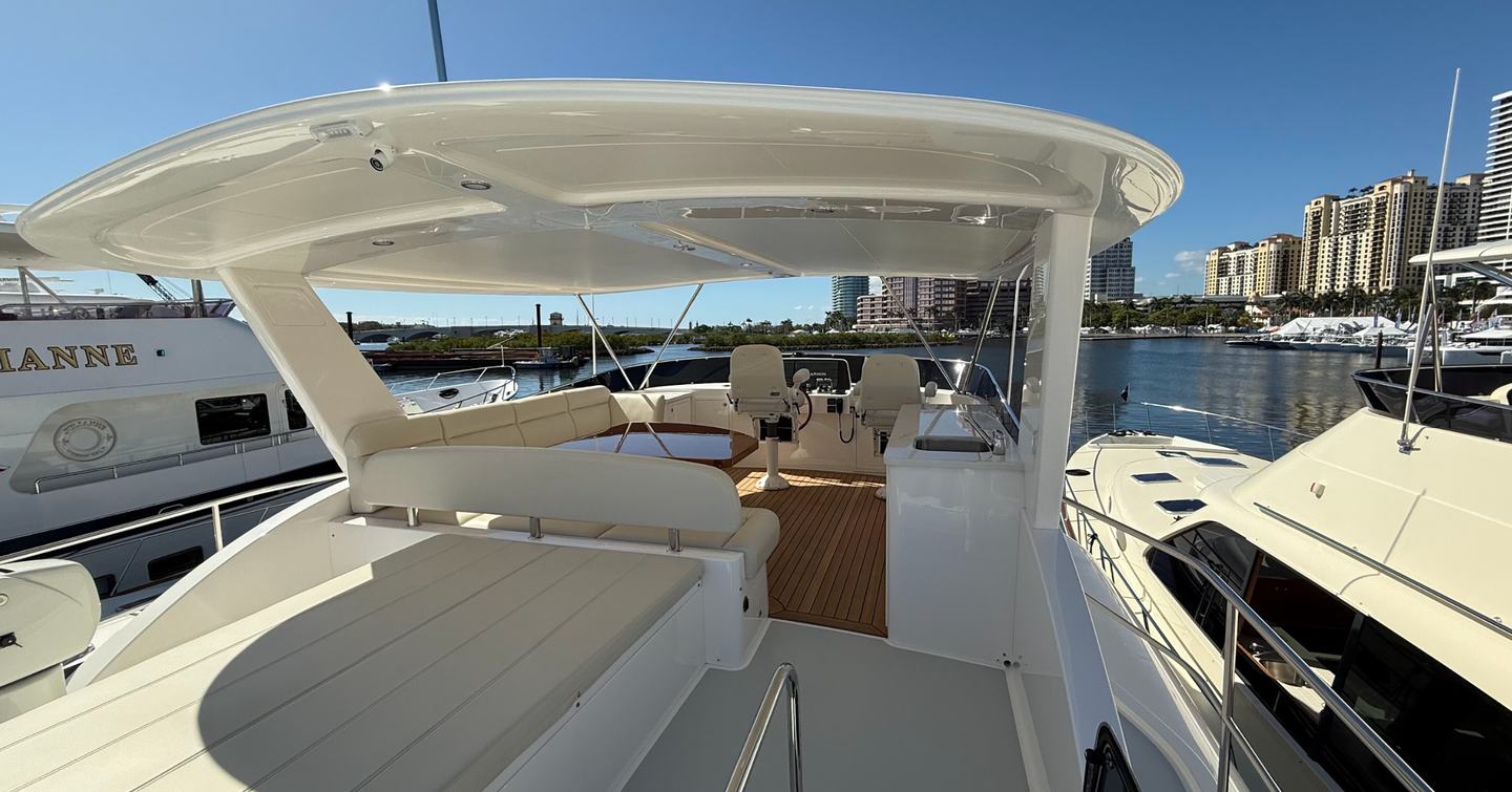 Grand Banks GB62 Flybridge upper deck with shaded seating