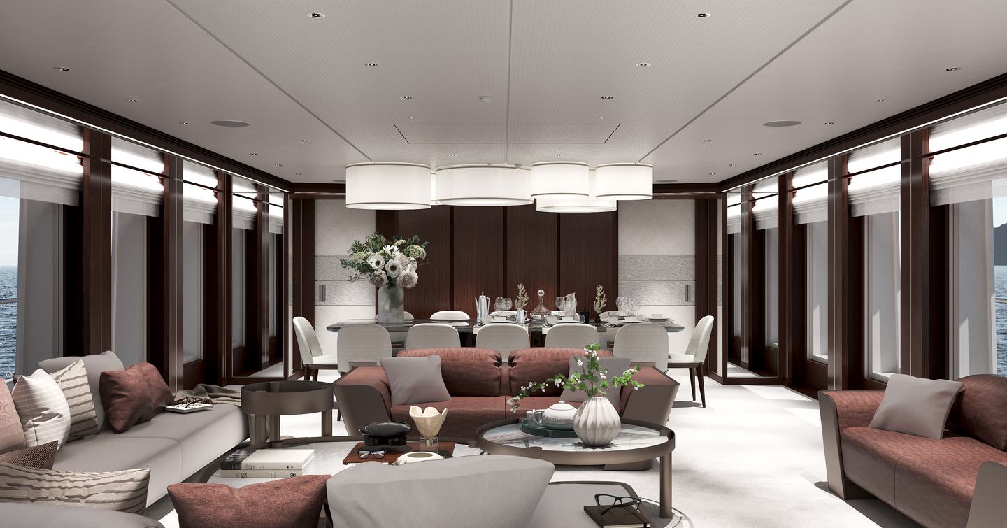 Rendering of Superyacht Project Frida main saloon with grey L-shaped seating and red accents