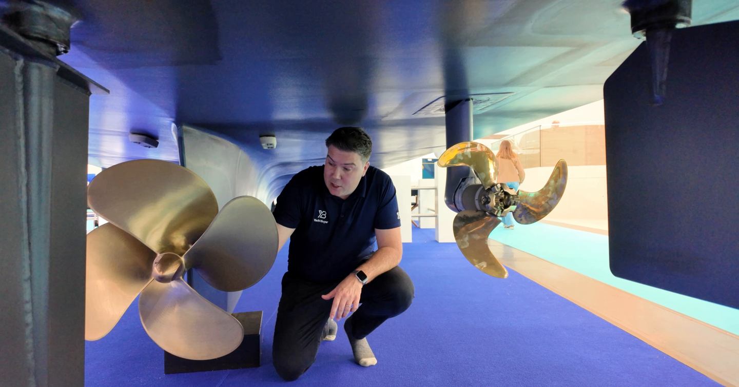 Elling E4 twin propellers and auxiliary wing engine propulsion system beneath hull