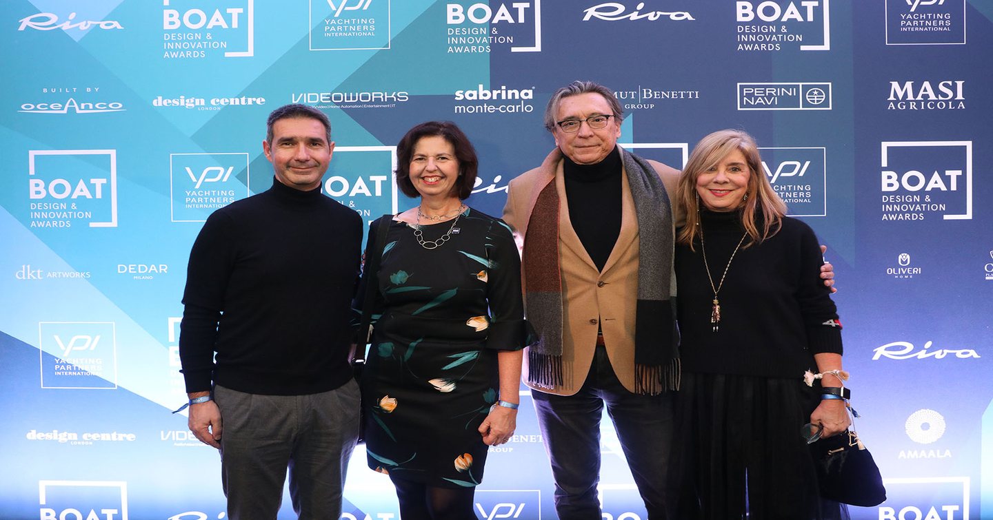 Four judges for the BOAT International Design & Innovation Awards, standing in front of promotional photo backdrop.