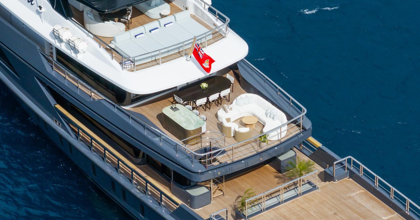 Aerial view of superyacht M which captures aft sundeck and skylounge