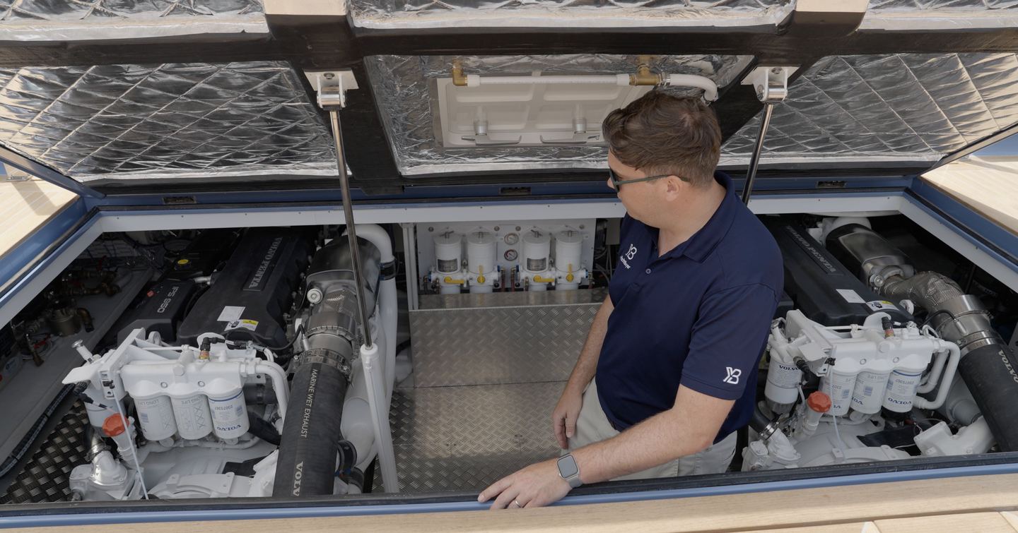Engine room of the Manda S07 Berlinetta with twin Volvo Penta D11 IPS 950 engines
