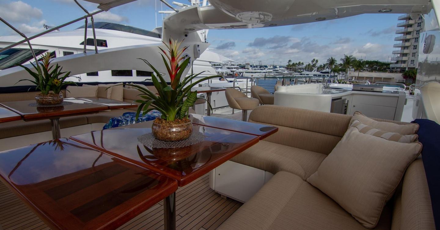 Motor Yacht #OMG sundeck with shaded alfresco dining