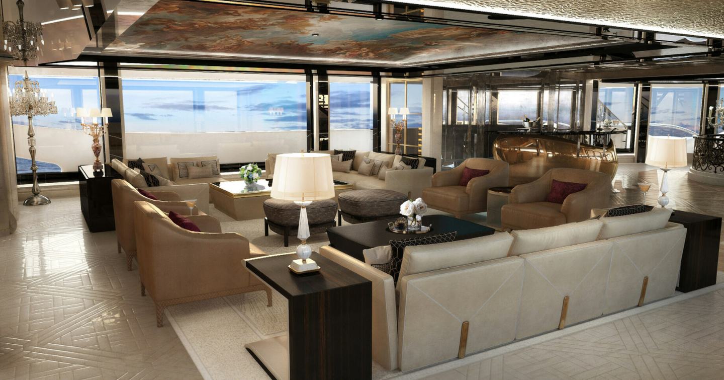 Rendering of Superyacht Kismet main saloon with art on ceiling