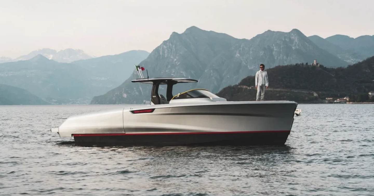 Man on foredeck of Bellini Astor 38 PISTA "One-Off" motor yacht 