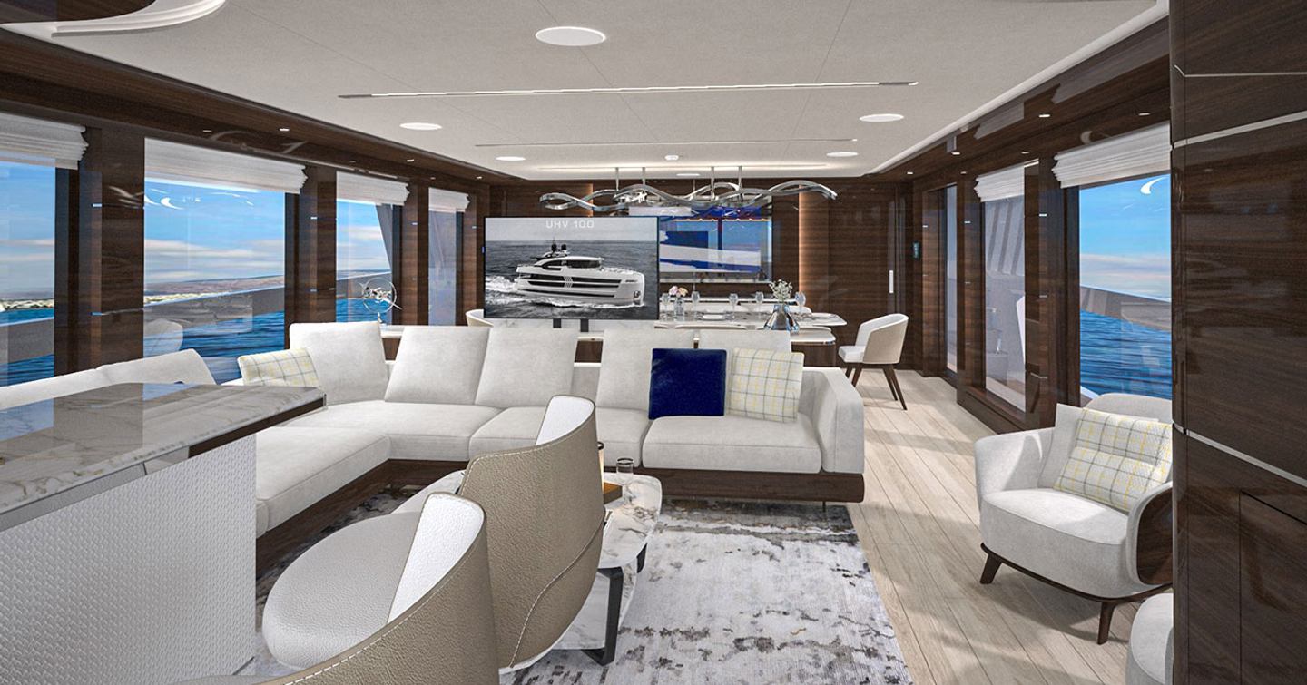 Rendering of Lazzara UHV 100 motor yacht main saloon with grey furnishings 