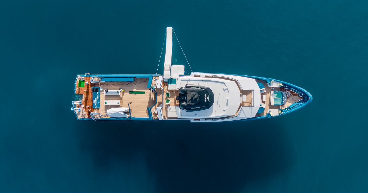 Aerial view of Expedition yacht King Benji at anchor 