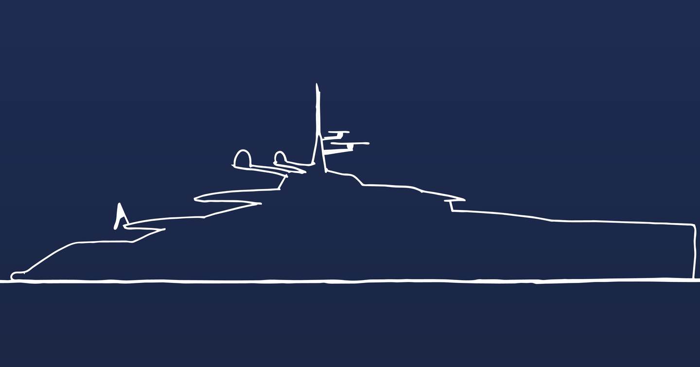 White sketch of ISA Gran Turismo 68M superyacht on blue background