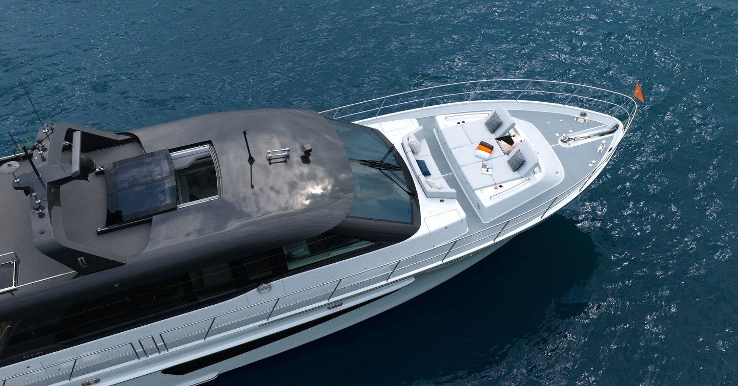 CL Yachts CLB65 SUV Motor Yacht foredeck with integrated grey sunpads 