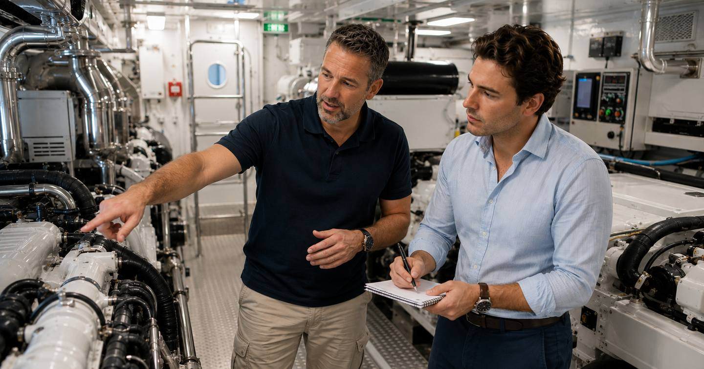 Buyer and surveyor inspecting yacht engine room 