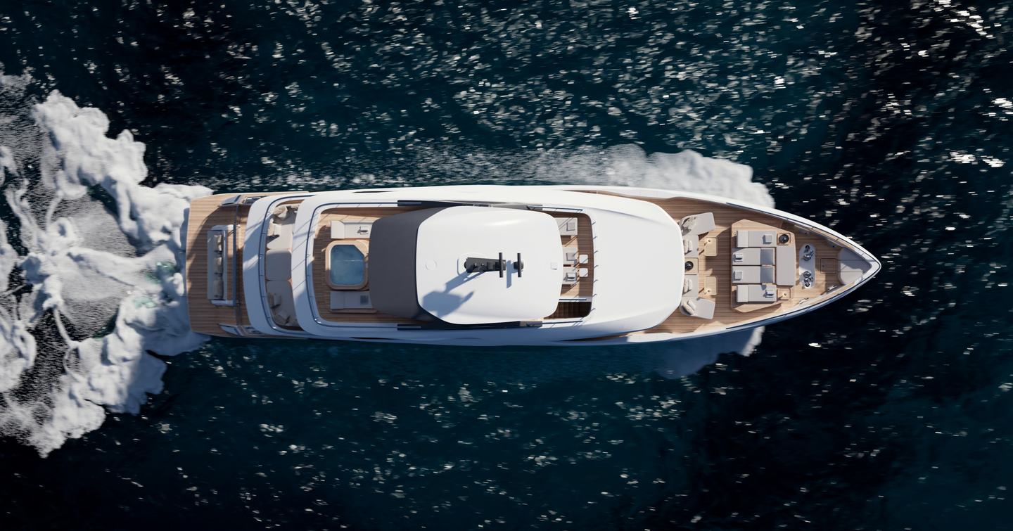 Custom Line Navetta 35 motor yacht underway aerial view 