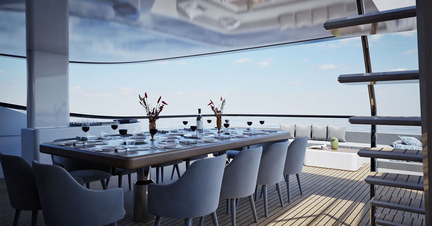 Rendering of Lazzara LMY 165 superyacht main aft deck with shaded alfresco dining