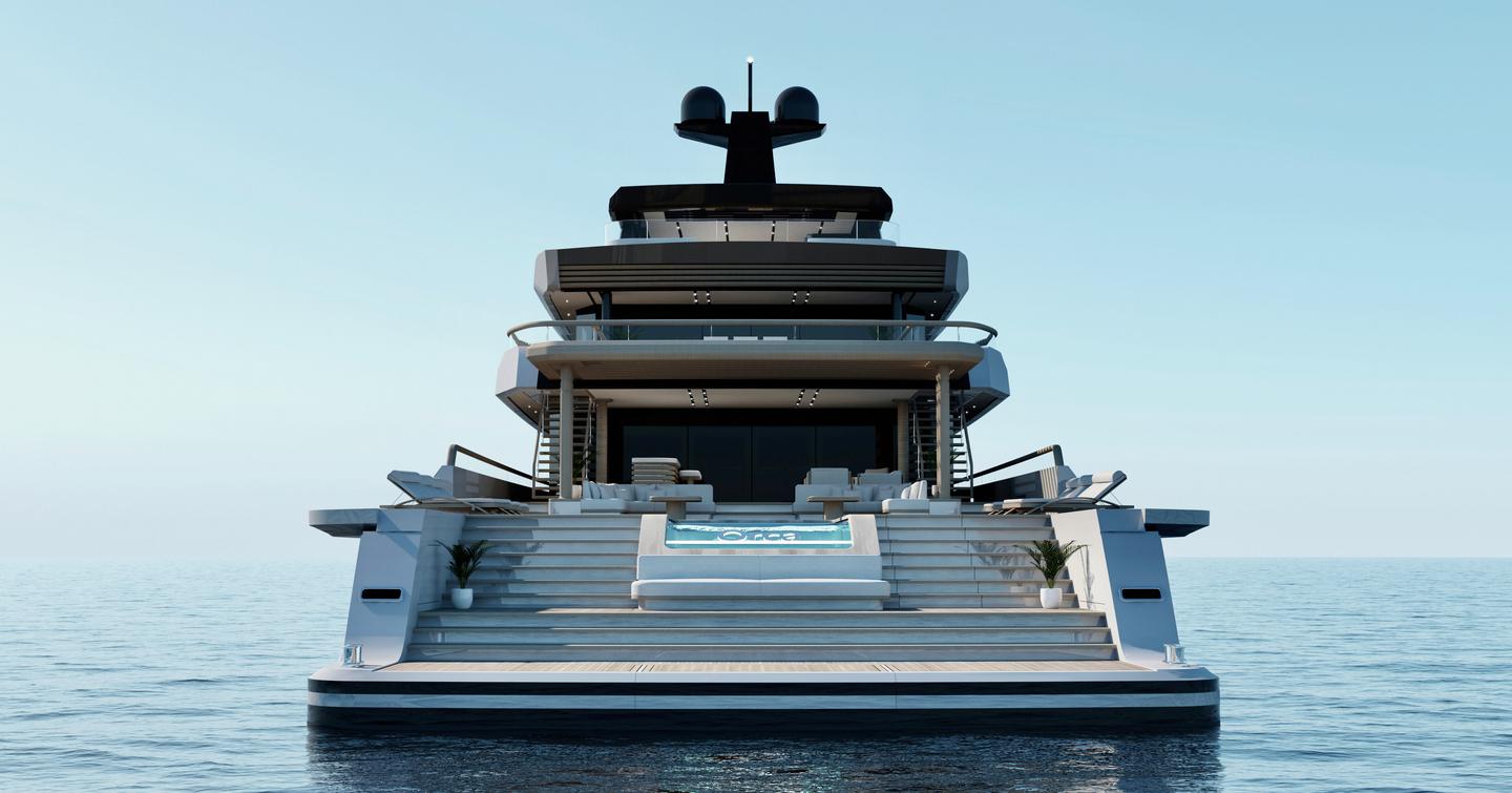 Rendering of superyacht Project Orca stern with dual steps and infinity pool