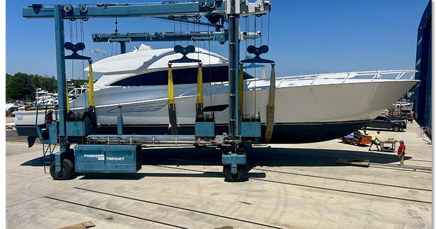 Viking 90C Sportsfisher Yacht on cradle on way to sea trials 