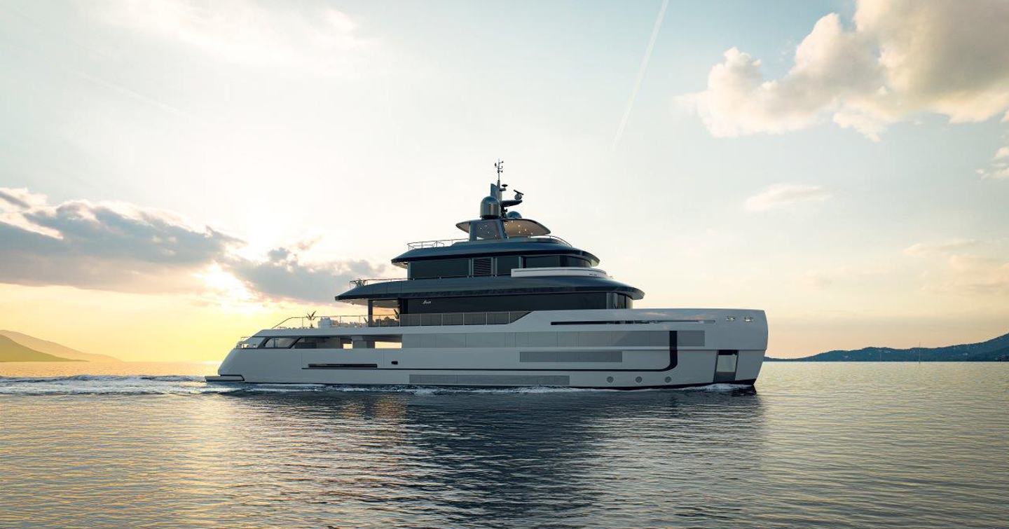 A render of the Benetti B.Yond 40M, showcasing its explorer-like exterior styling against a dusk sea backdrop