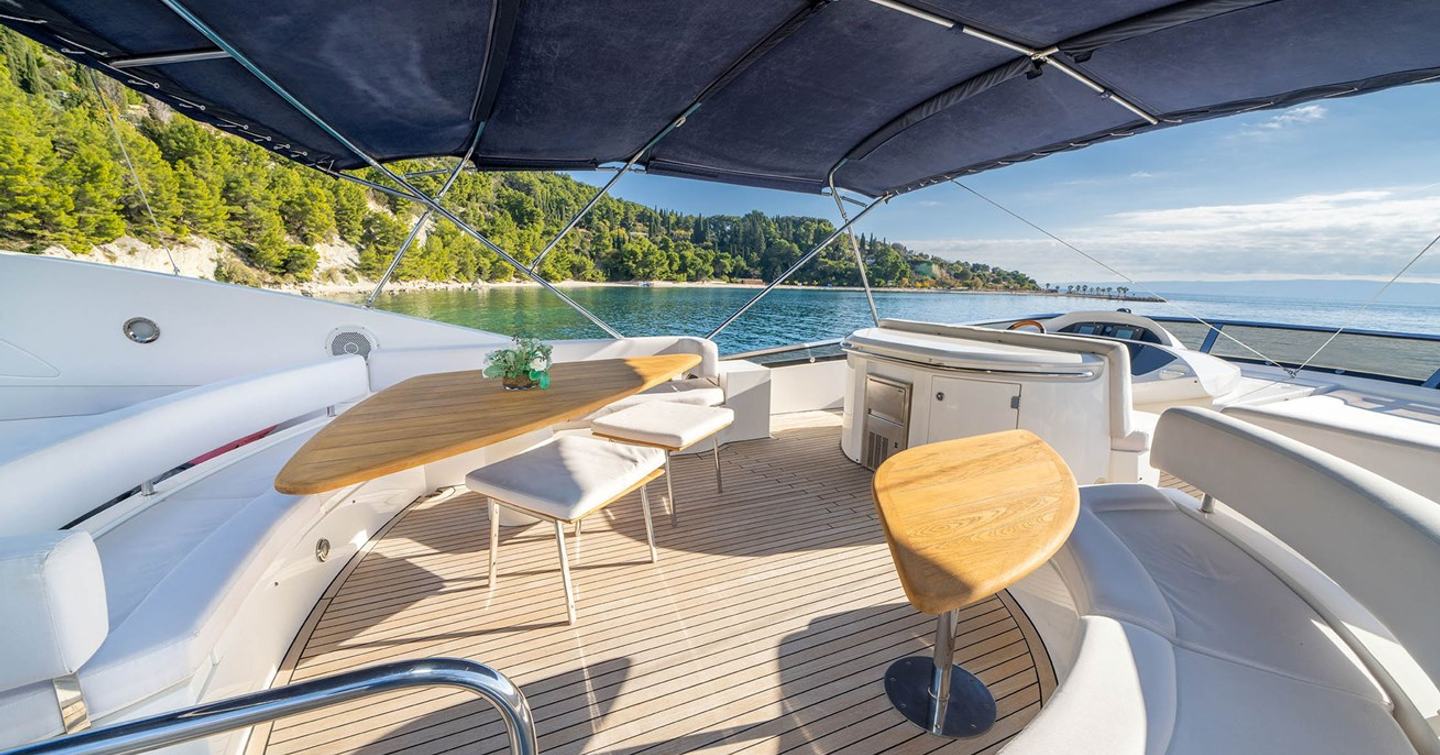 Motor Yacht Harrys Game upper deck shaded bar and seating area