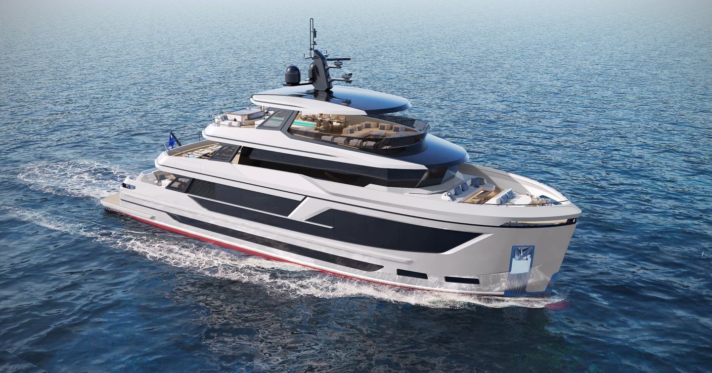 Rendering of Bering 110 explorer yacht under way 