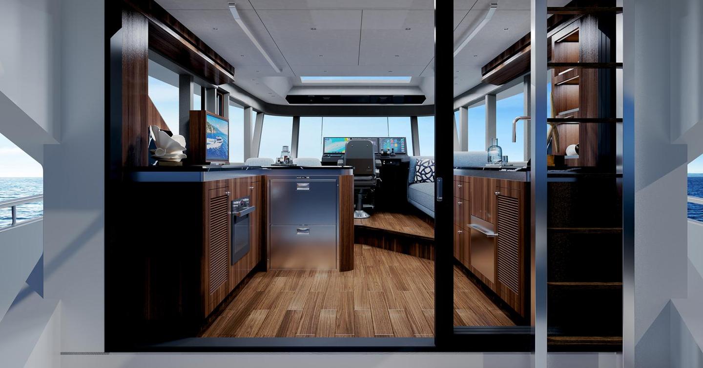 Rendering of Outer Reef 540 Adventure Sport yacht glass sliding doors to saloon
