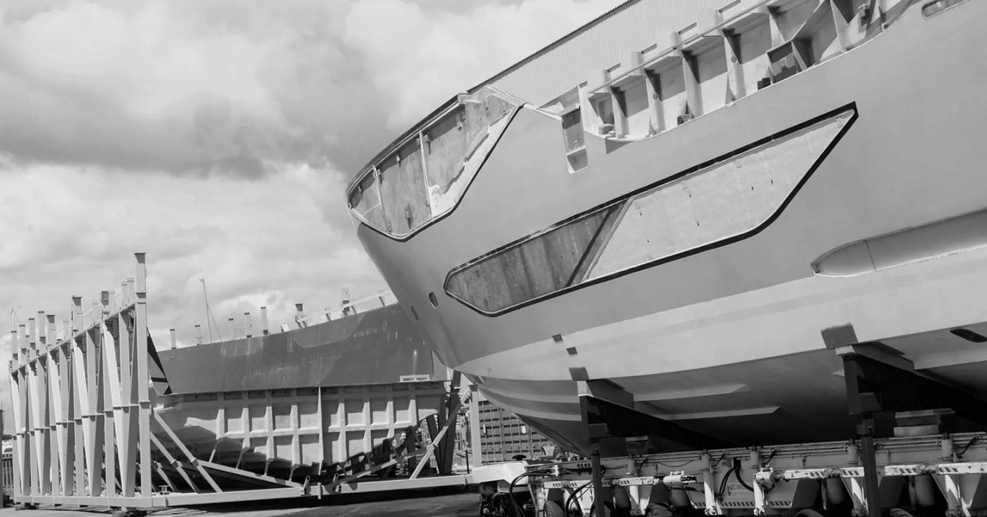 Sunseeker 134 Superyacht bow under construction in black and white 
