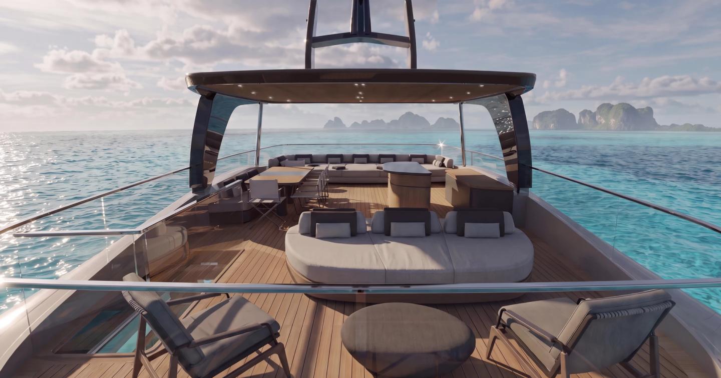 Rendering of Bellini Yacht Eternal 36 motor yacht sundeck with sunpads and shaded seating