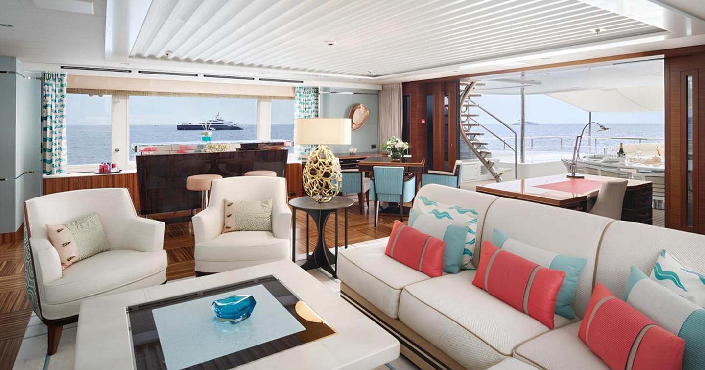 Superyacht Philosophy's main saloon with L-shaped sofa 