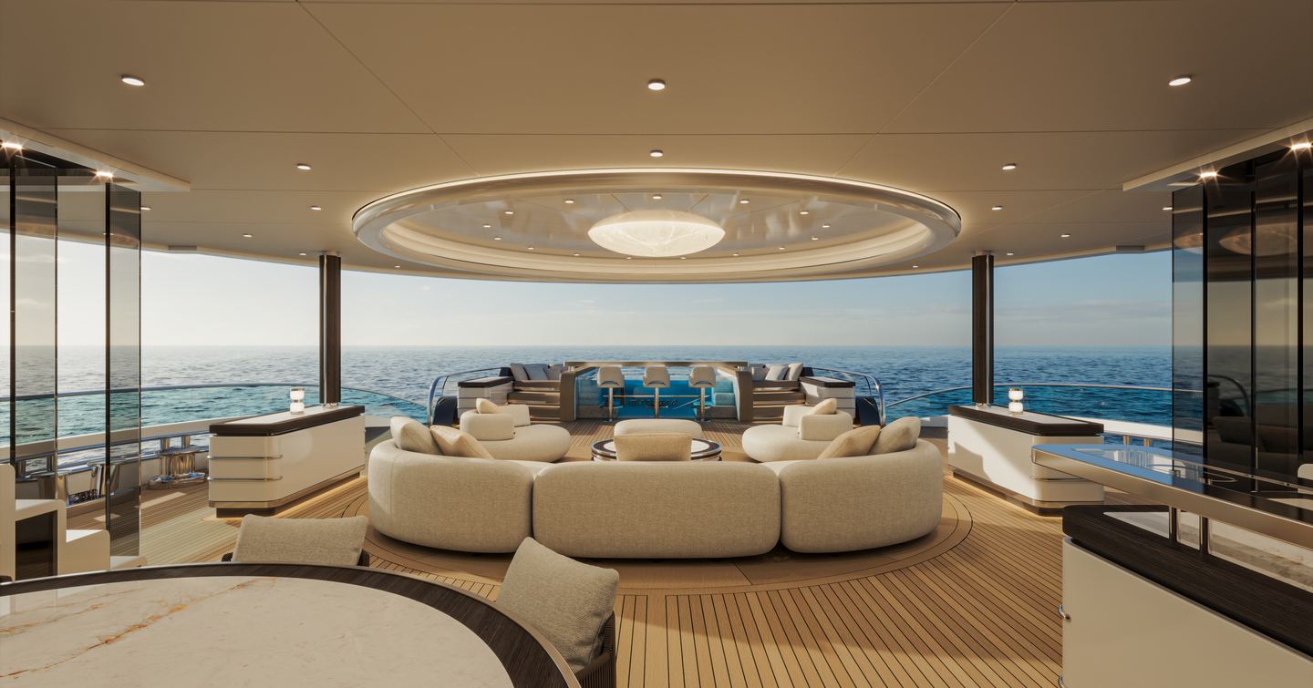 Rendering of ISA Amarcord 86 superyacht  aft deck shaded seating area