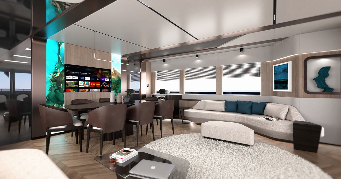 Rendering of AvA Yachts Kando85 Explorer Yacht V main saloon with curved white seating and dining area 