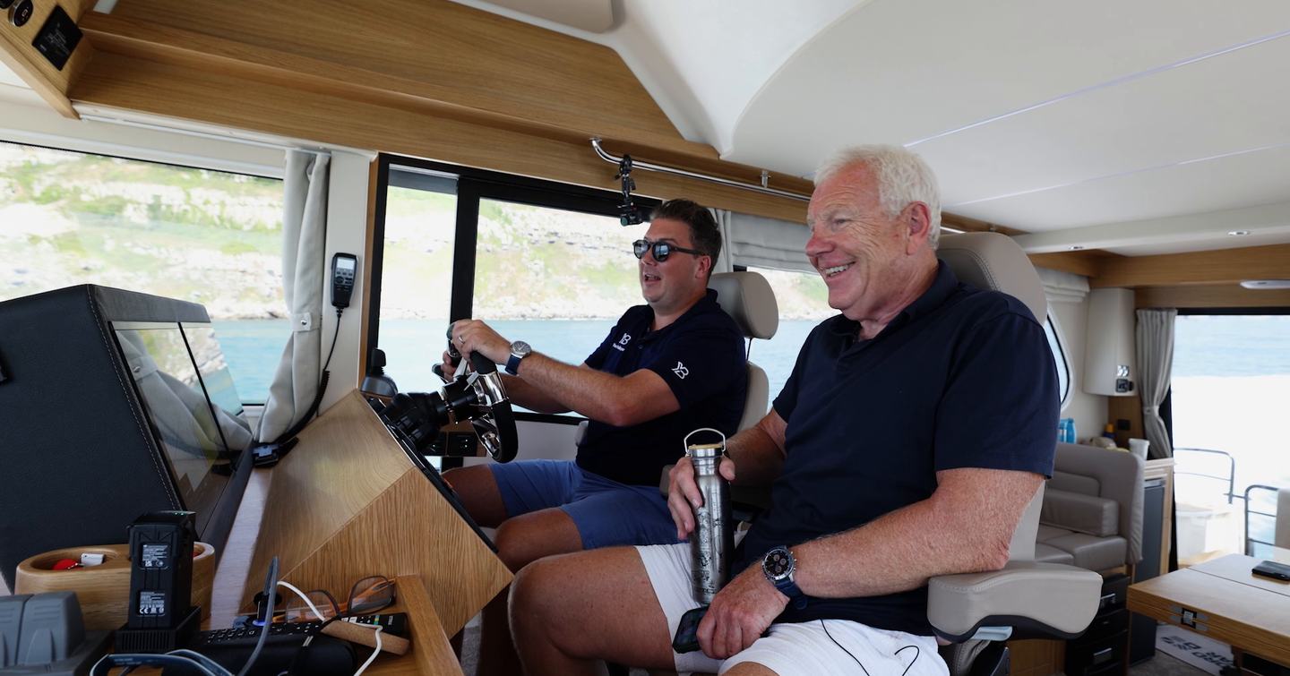 Jack Haines and owner Peter enjoying the Nord Star 49+ lower helm while underway
