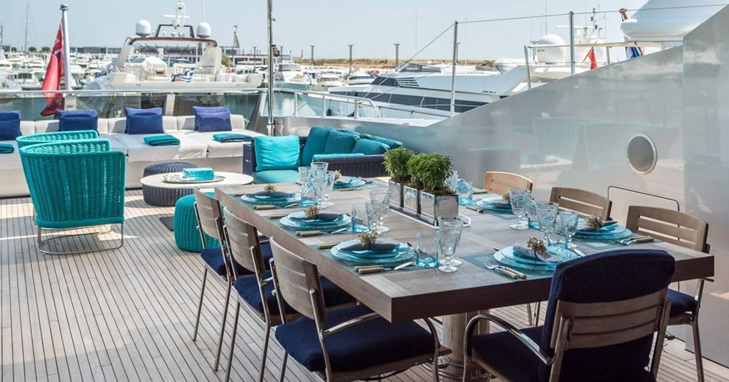 Baglietto motor yacht Lucky Me Yacht Academy sundeck dining area 