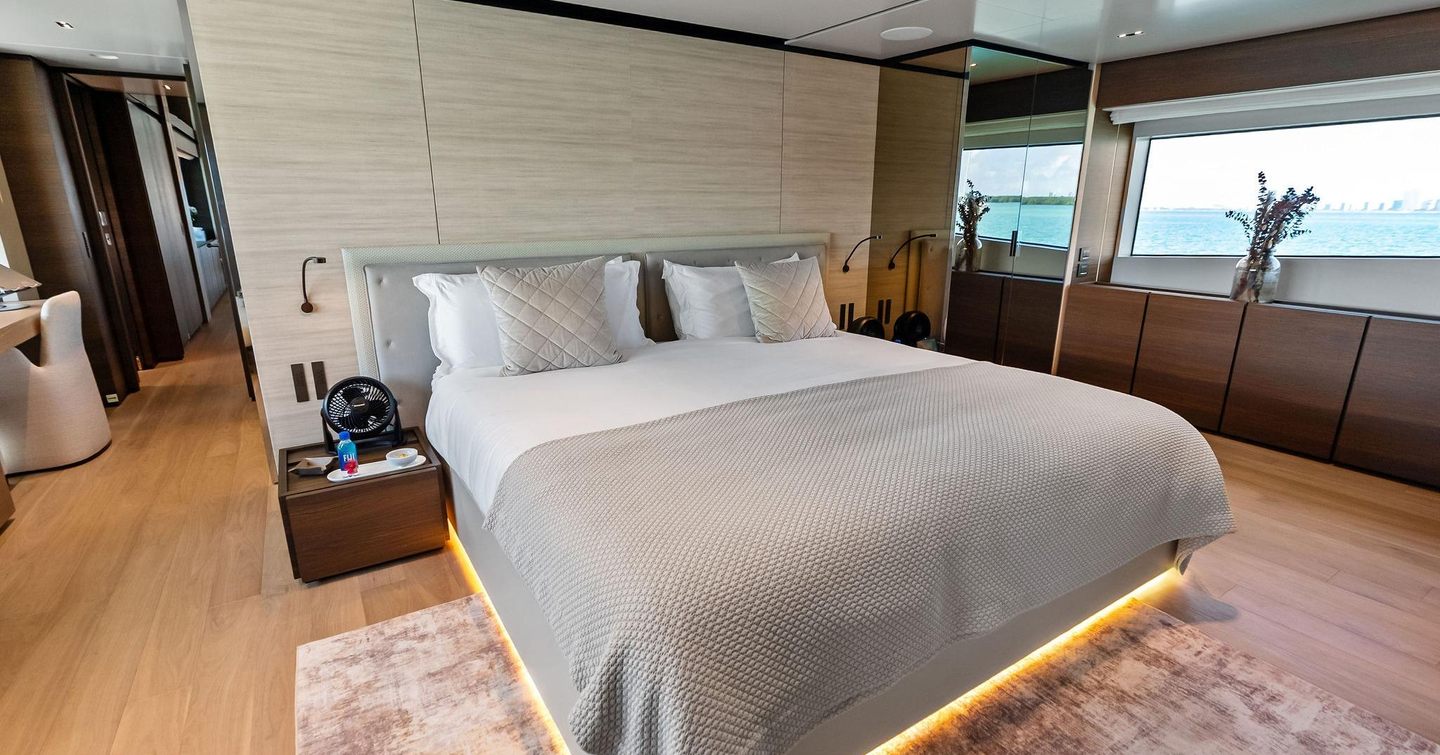 Custom Line superyacht Lumpasaurus master cabin with large window 