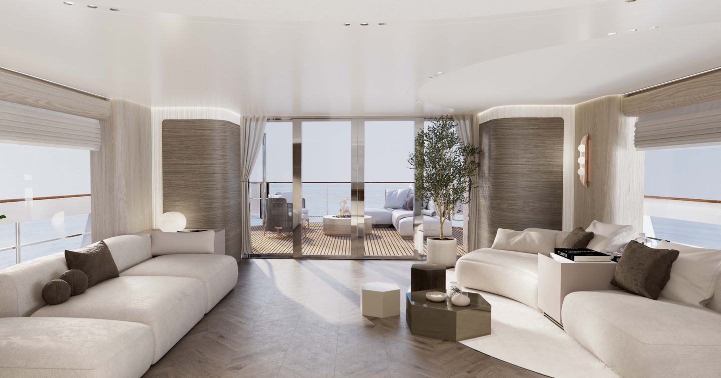 Rendering of Sirena 118 superyacht main saloon with white furniture
