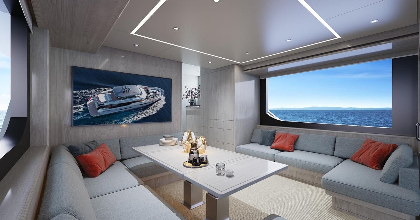 Rendering of Outer Reef 780 Adventure motor yacht interior with L-shaped sofas