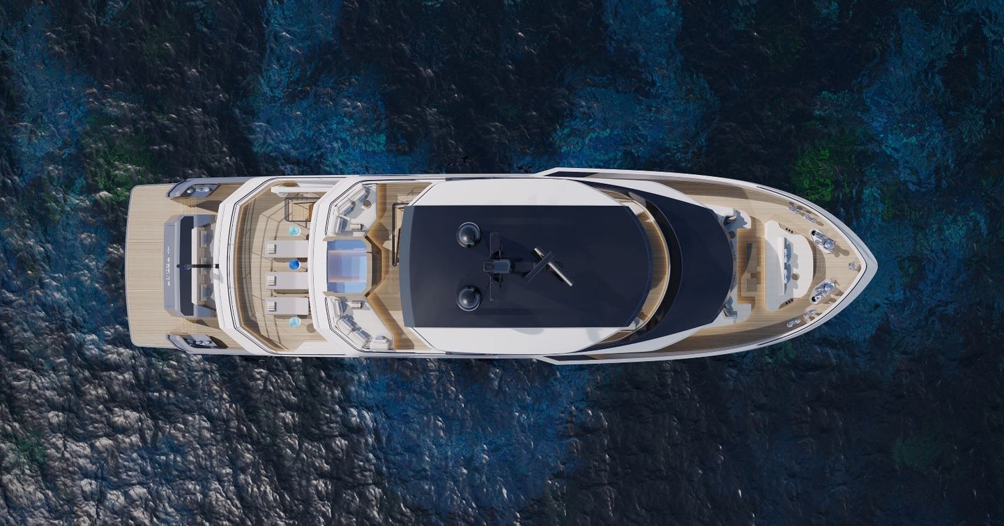Aerial Rendering of Bering 110 explorer yacht at anchor 
