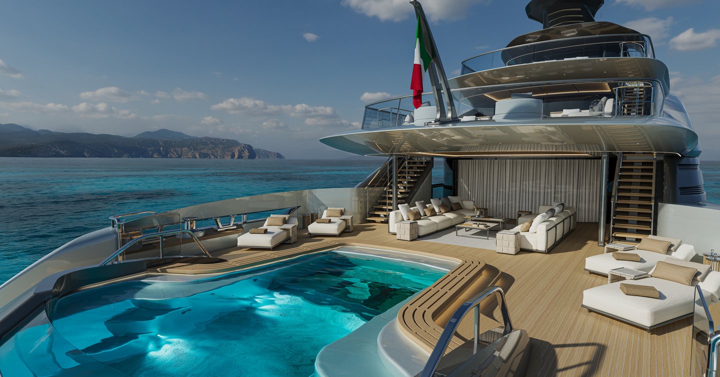Rendering of ISA Yachts Granturismo 66 Superyacht infinity pool and shaded seating