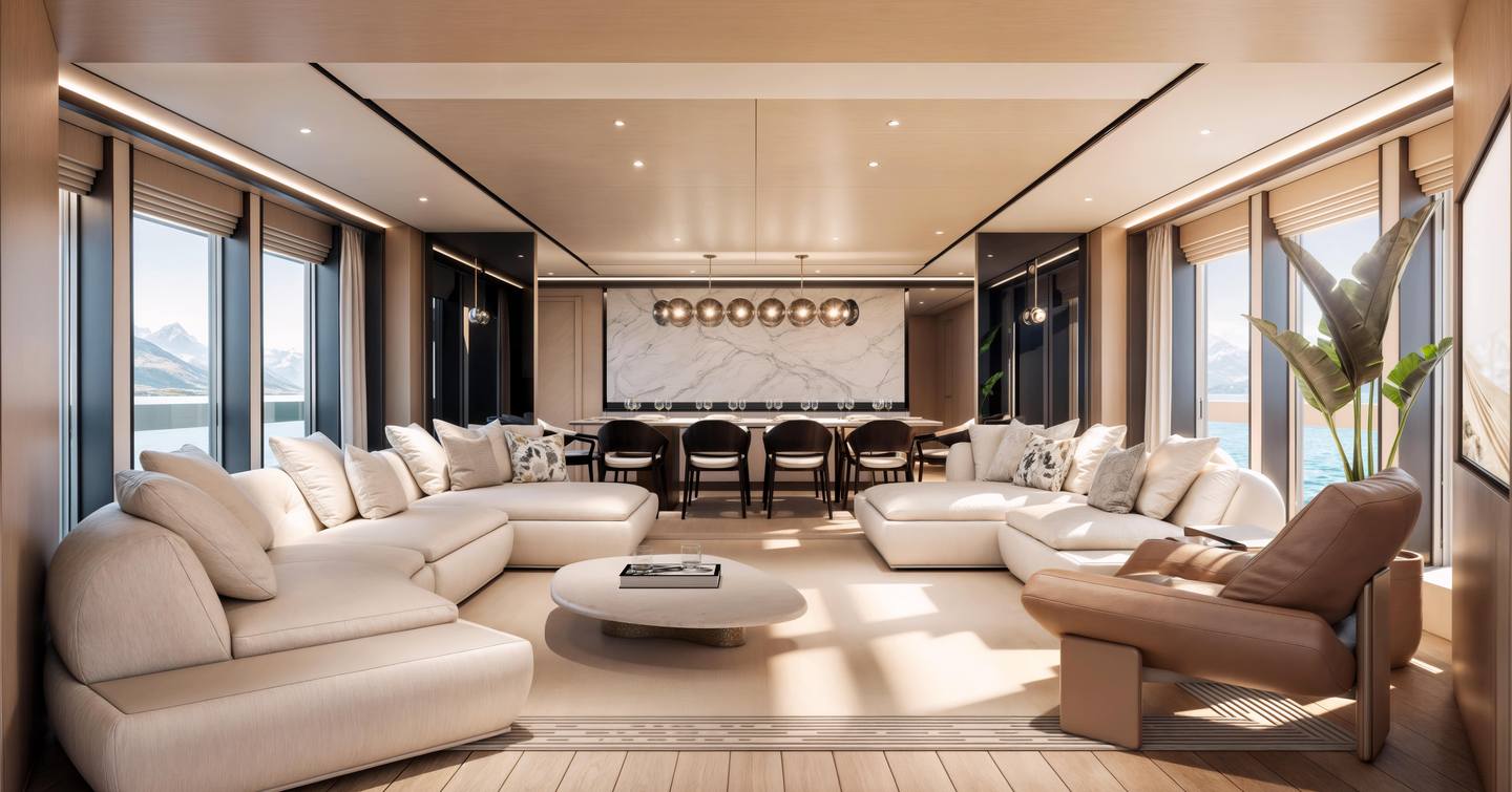 Rendering of Sunseeker 134 Superyacht main saloon with curved white seating and dining area