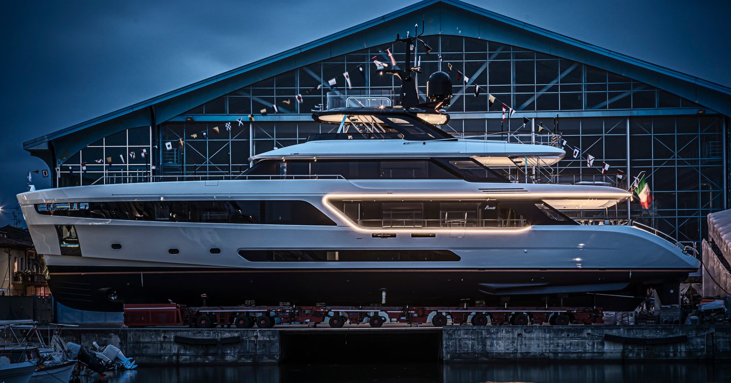 Benetti Motopanfilo 37M outside fitting shed at launch