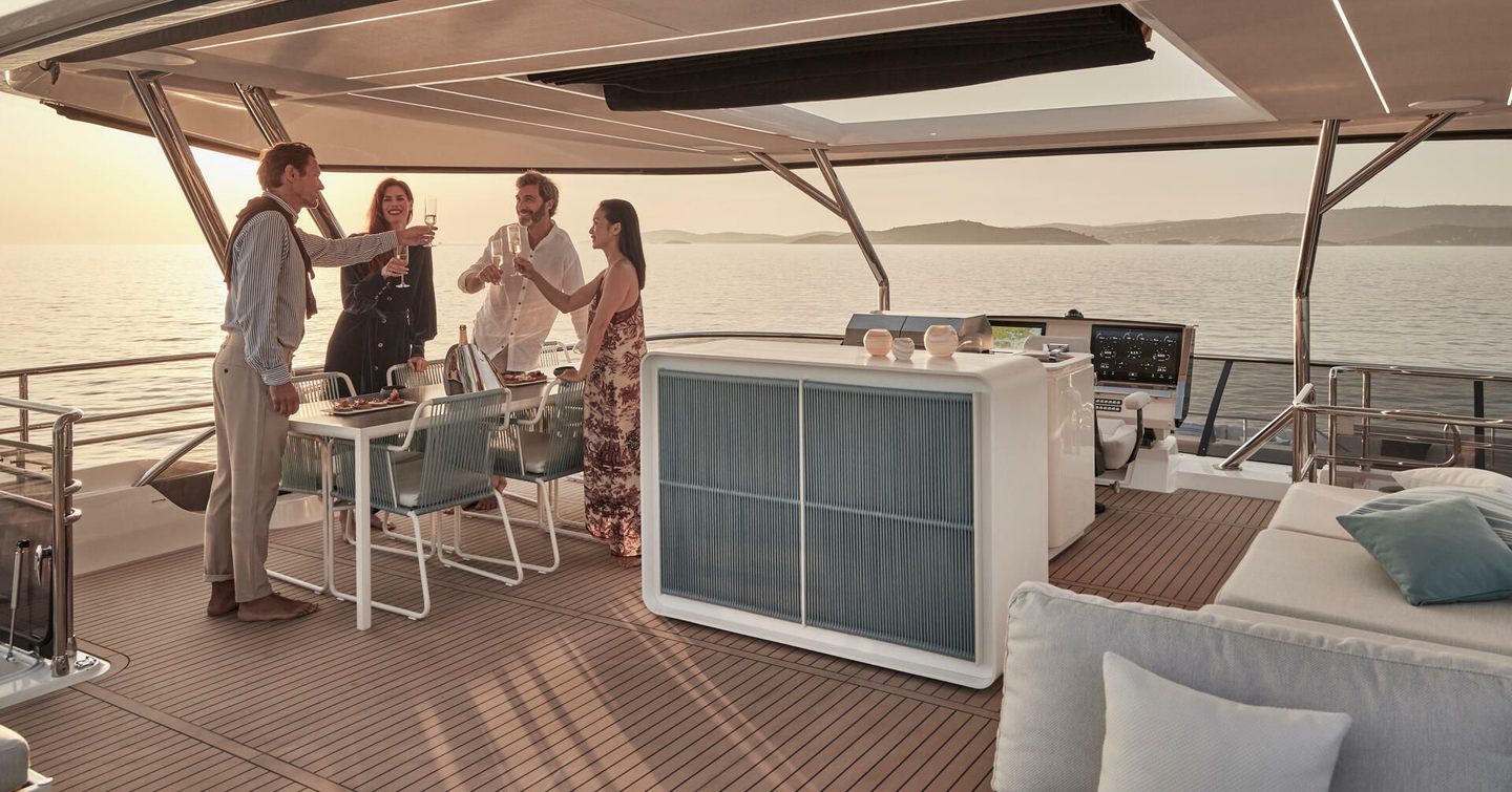 The sundeck has ample room for entertaining, surrounded by panoramic sea views