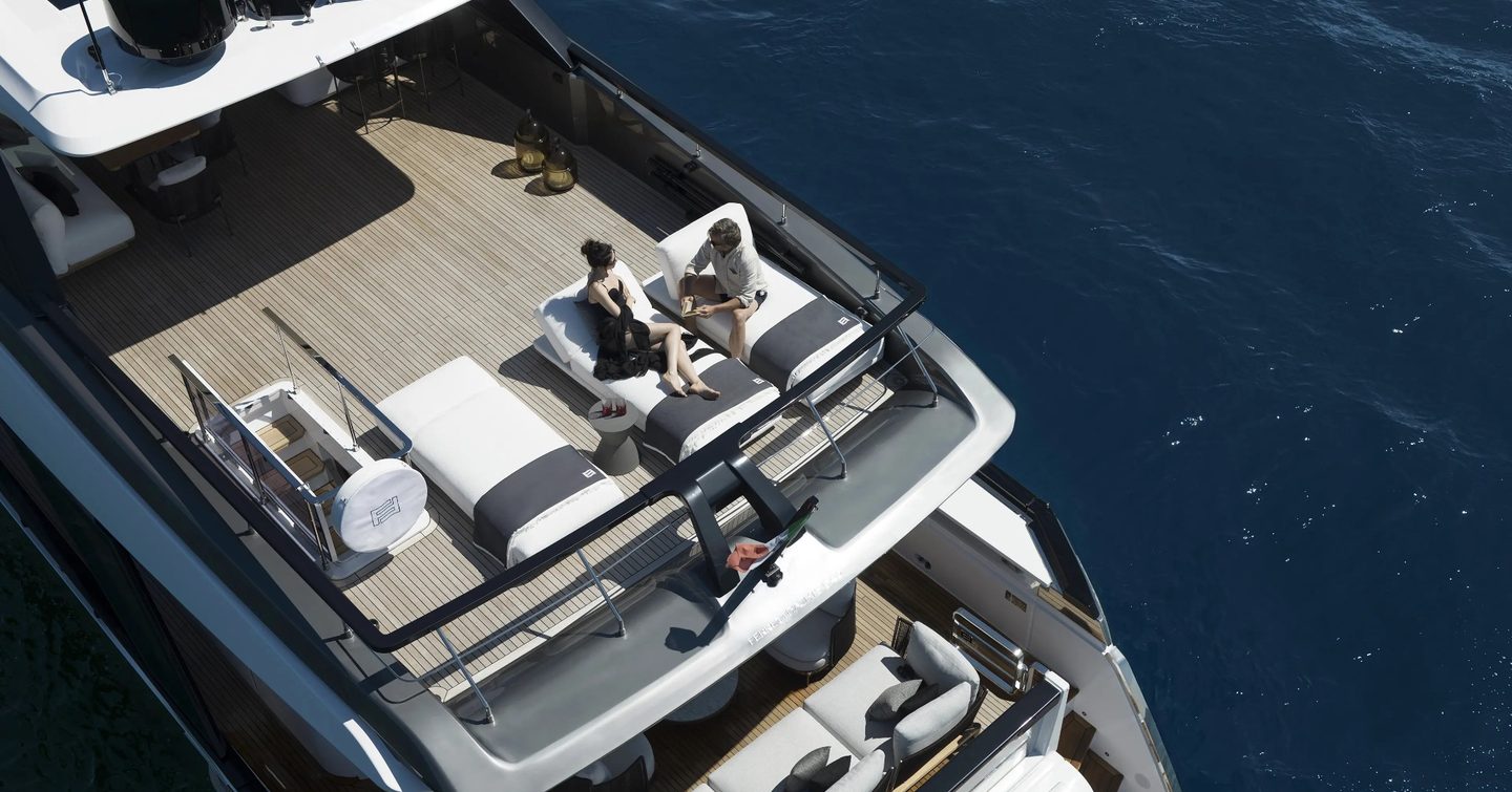Aerial view of Ferretti 940 motor yacht aft decks 