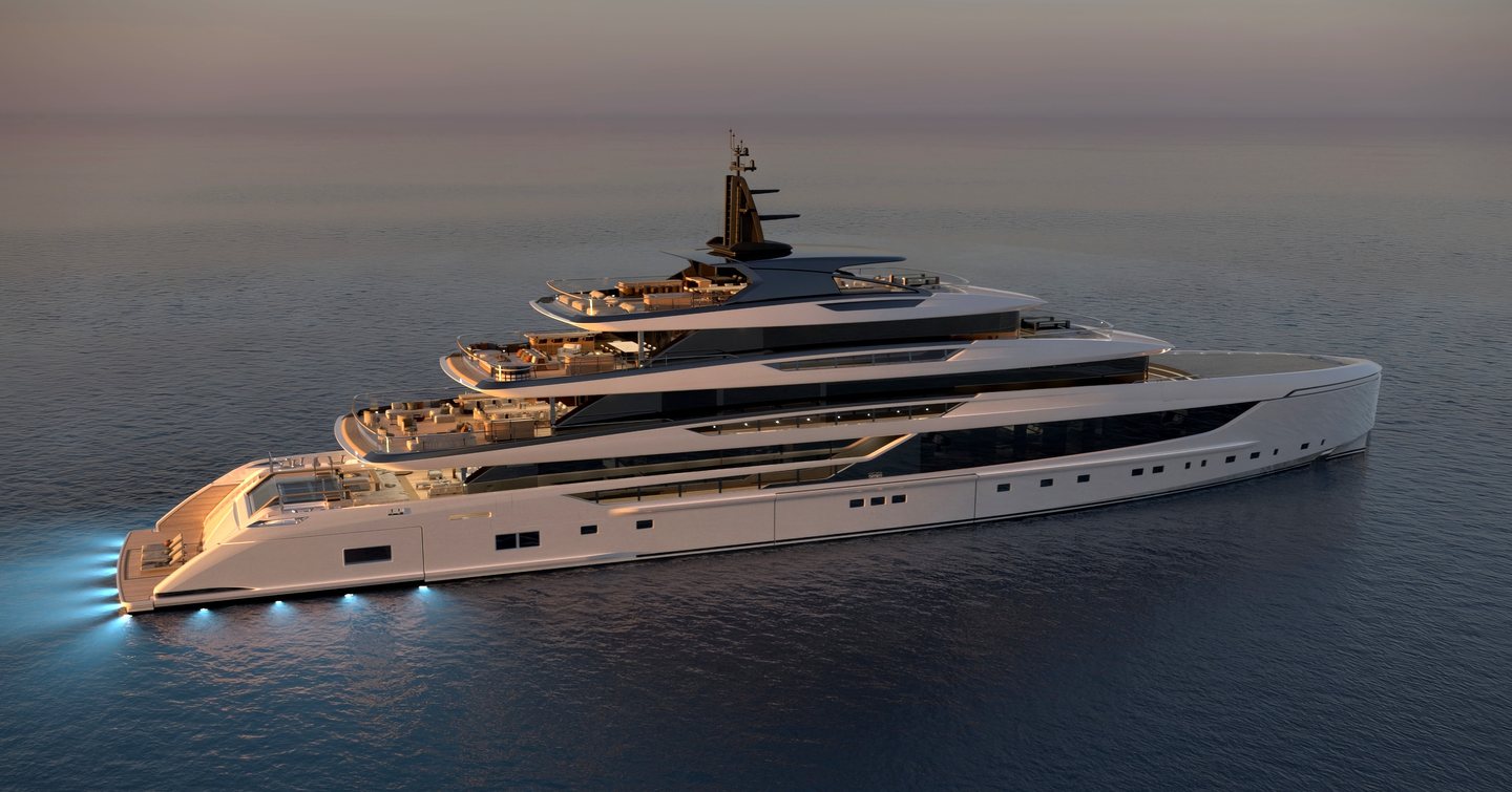 Rendering of Sanlorenzo 74Steel Superyacht at anchor with aft underwater lights 